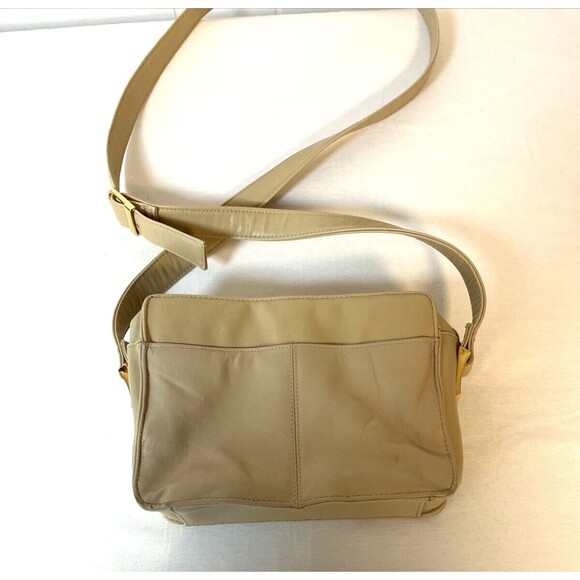 VTG Jacqueline Ferrar Leather Cream Beige Adj. Crossbody Purse Shoulder Pockets - Picture 13 of 14